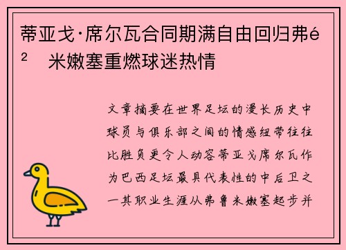 蒂亚戈·席尔瓦合同期满自由回归弗鲁米嫩塞重燃球迷热情