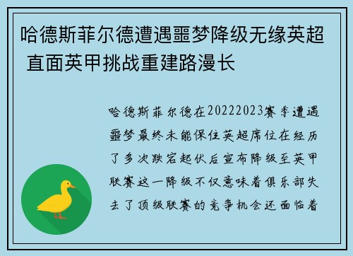 哈德斯菲尔德遭遇噩梦降级无缘英超 直面英甲挑战重建路漫长