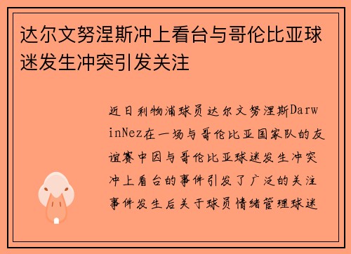 达尔文努涅斯冲上看台与哥伦比亚球迷发生冲突引发关注